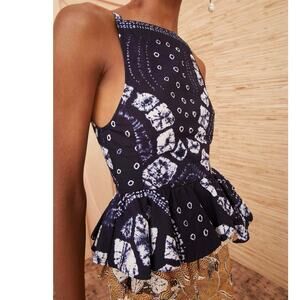 NWT ULLA JOHNSON HANDMADE ($425)Pilar Peplum Top Indigo Blue/White Sz 2